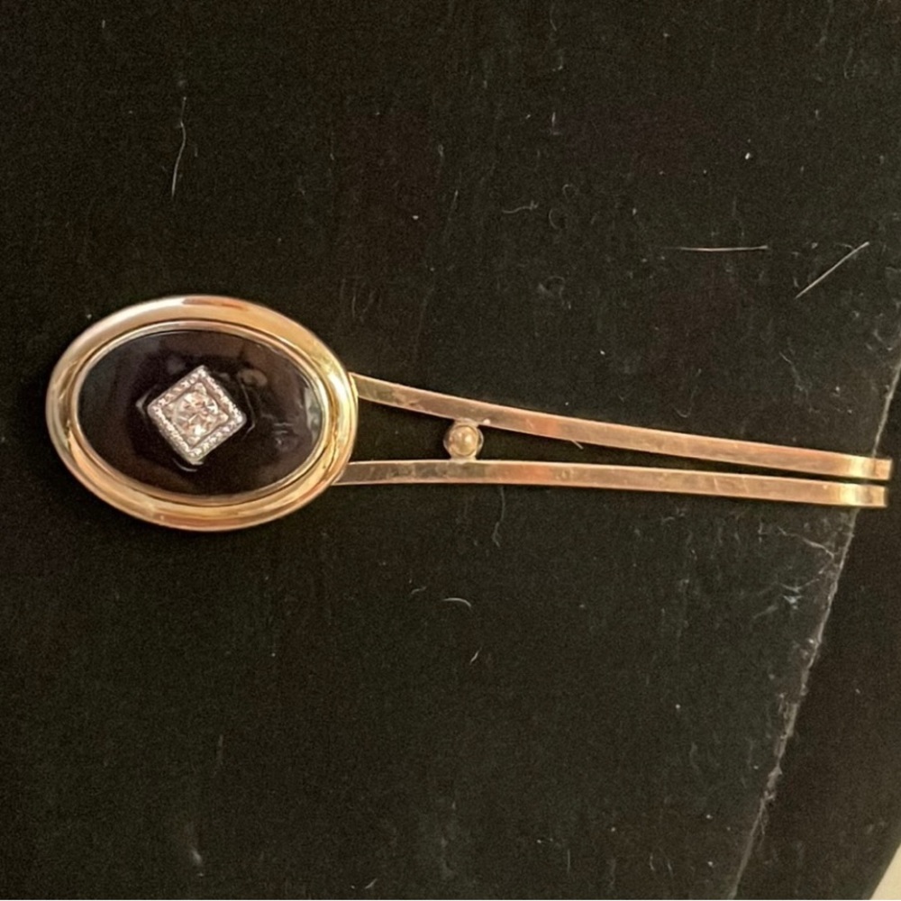 Vintage-1940s-LaMose marked 10k gold filled onyx & diamond-0.02 carat-tie bar